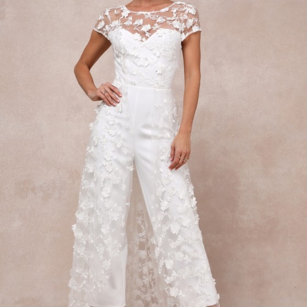 Lulus Sophisticated Passion White Floral Embroidered Overlay Jumpsuit - Size S